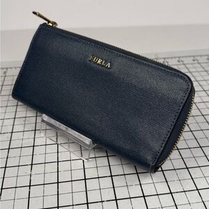 Furla Dark Blue Long Wallet with Gold Accents